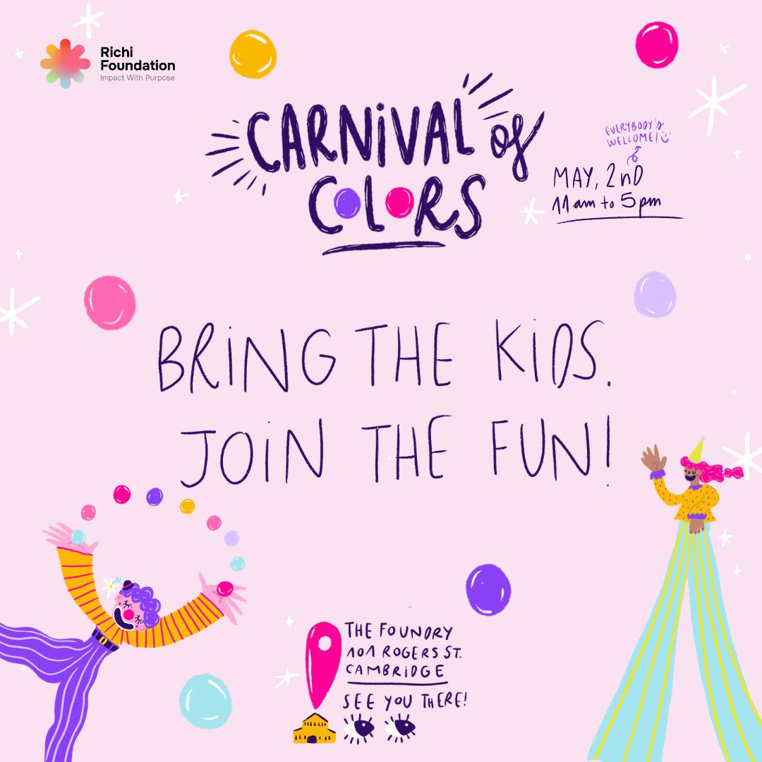 RichiFoundation's tweet photo. The ultimate family day is coming to Cambridge!🎈

We're delighted to invite you to the Carnival of Colors on May 2nd at the @FoundryCamb. We’ve put together a day of pure entertainment and we want you there with us!

It will be a full day of music, laughter, and games for kids of all ages, featuring magic shows, live music, and carnival treats. Admission is free, but please register as soon as possible to save your spot!

See you at the Carnival! 🎡

🗓️ Saturday, May 2nd | 11 am – 5 pm
 📍 The Foundry (101 Rogers St, Cambridge)
 🔗 Register here: https://t.co/aCDQ9m4ZUr