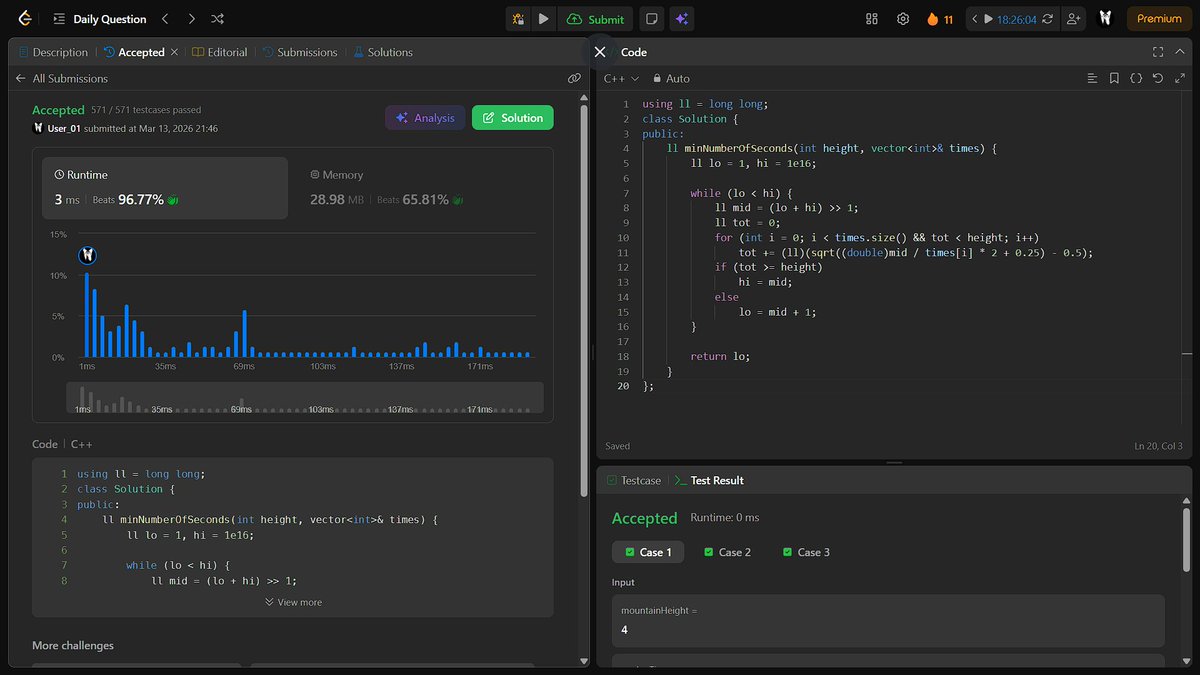 Wannabe_01_'s tweet photo. #Day244 of grinding until I land my dream job!🚀
- Minimum Number of Seconds to Make Mountain Height Zero
#DSA #100DaysOfCode #ALGO #LeetCode #GFG https://t.co/FtvR2U0Jyt