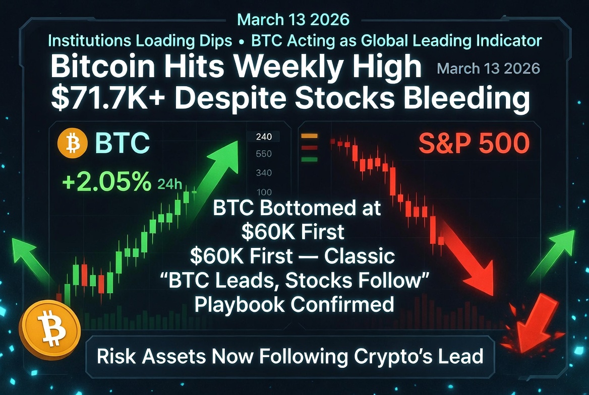 BTCryptoGrowth's tweet photo. 3/12
Bitcoin hits weekly high $71.7K+ despite stocks bleeding
BTC bottomed at $60K first — classic “BTC leads, stocks follow” playbook confirmed. Institutions loading dips.
#Bitcoin #BTC #LeadingIndicator #CryptoNews #BTCryptoGrowth https://t.co/xKs3CLyEf5