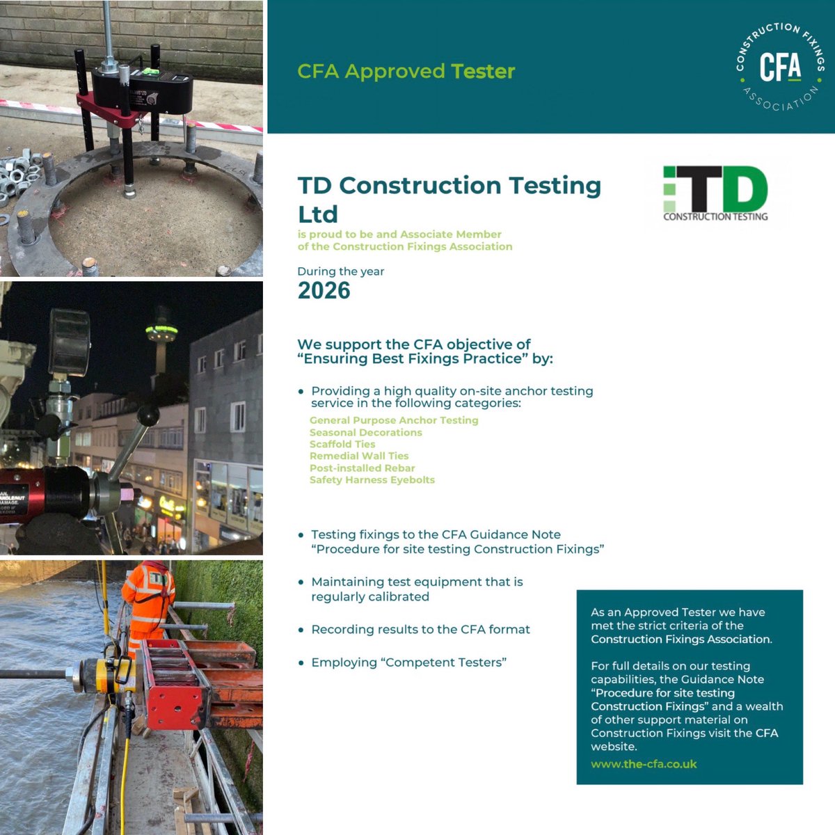 TDConstTesting's tweet image. As an Approved Tester &amp;amp; Associate Member of the Construction Fixings Association (CFA), you can be sure you’ll be in good hands with TD!

Get in touch for all your Pull Out testing needs: 
📞 01744 734 769
📧 enquiries@tdconstructiontesting.co.uk

⚫️🟢

#TD #tdct