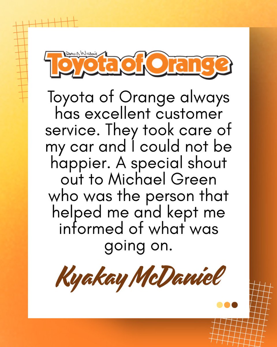 ToyotaOfOrange's tweet image. A huge thank you to Kyakay for choosing Toyota of Orange! 🚗✨

We’re so glad that taking care of your car left such a great impression — that’s exactly the experience we strive to deliver every single time.

#CustomerAppreciation #ToyotaofOrange #ThankYou #ToyotaCare #WeValueYou