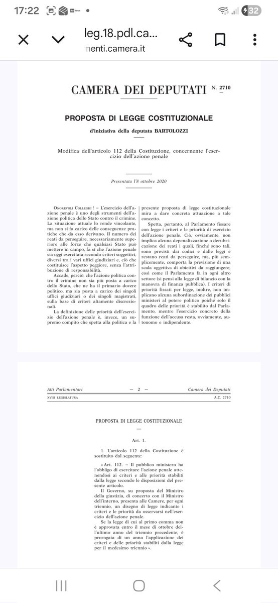 Nel 2020 Giusi #Bartolozzi presentava questa proposta di legge costituzionale sull'esercizio dell'azione penale.
Interessante oggi leggerne il contenuto