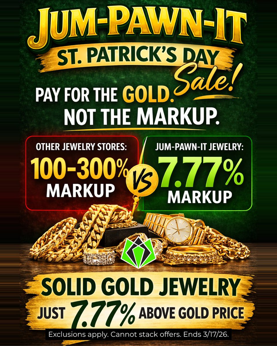 jumpawnit's tweet photo. St. Patrick's Day Sale starts NOW!! #jumpawnit

Pay for the gold, not the retail markup:
GOLD JEWELRY just 7.77% above gold price
DIAMOND JEWELRY 50% OFF

https://t.co/EfHo1N7HA3
Exclusions apply. Cannot stack offers. Ends 3/17. https://t.co/aKnEV6Jkcm