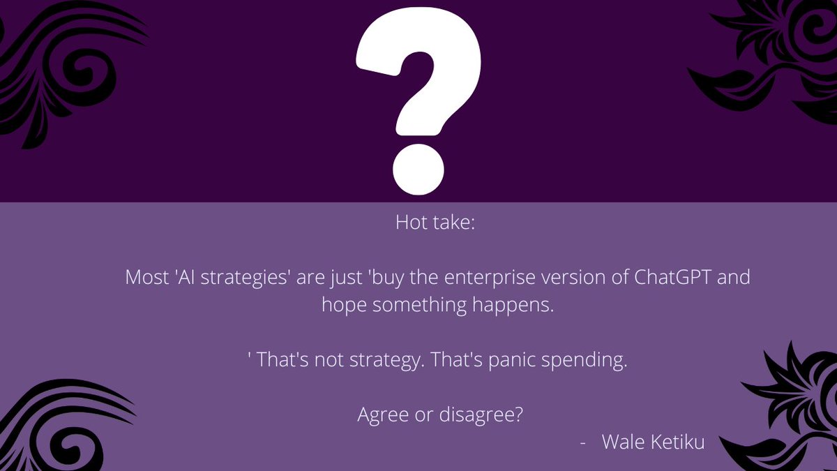 basking4me's tweet photo. AI adoption without a clear plan is just expensive experimentation. Buying tools isn’t strategy.

Knowing how they create value is.
#AI #ArtificialIntelligence #TechLeadership #Innovation #StartupLife #BusinessStrategy #FutureOfWork #Tech https://t.co/dcGymk3nxm