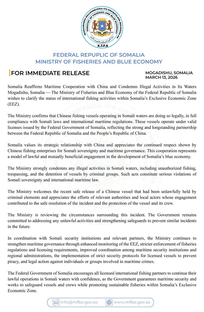 MFBESomalia's tweet photo. 𝐖𝐚𝐫𝐬𝐚𝐱𝐚𝐚𝐟𝐚𝐝𝐞𝐞𝐝 𝐃𝐞𝐠𝐝𝐞𝐠 𝐚𝐡 | 𝐅𝐨𝐫 𝐈𝐦𝐦𝐞𝐝𝐢𝐚𝐭𝐞 𝐑𝐞𝐥𝐞𝐚𝐬𝐞. https://t.co/87ElCzfBt1
