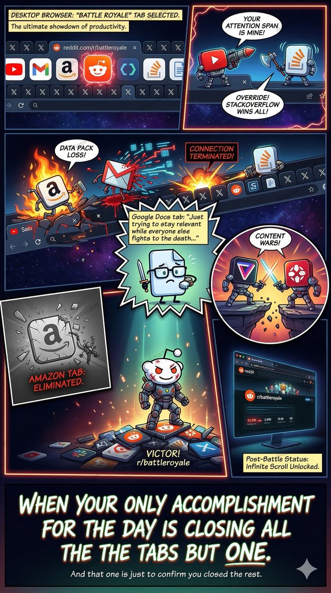 iosvsand's tweet image. The ultimate productivity hack: letting your tabs fight for survival until only the most distracting one remains. ⚔️💻

Winner gets 100% of my RAM and 0% of my focus.

 #DeveloperLife #BrowserWars #ProductivityHacks