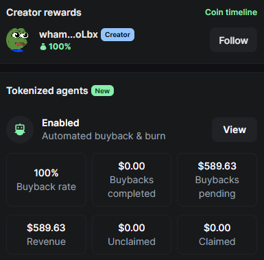 for example 

on 83pa1Abw6G39DZ1sdmG5gjukQHhXuJrxoKLwuyk2pump

got 729 usd

on FdrrYtewKsiueA1qXhbLVQMVV6ohYeQnU2WTUWc8pump

got 588 usd 

because <a href="/imsheepsol/">Sheep</a> is claiming the fees so agent gonna work. It's not going to work with unknown token and dev