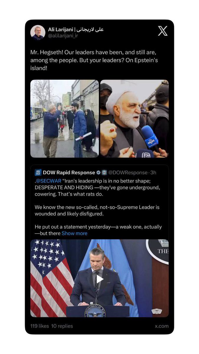 ShaykhSulaiman's tweet photo. JUST IN: ALI LARJANI SAYS U.S LEADERS ARE ON EPSTEIN ISLAND

Larijani: 

“Mr. Hegseth! Our leaders have been among the people all these years and are; but your leaders are on Epstein Island!” https://t.co/yexF8KjrJK