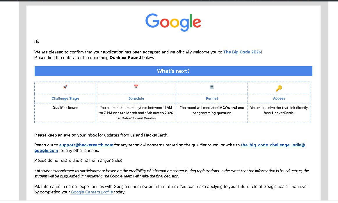 ram_sah02's tweet photo. Just got accepted into Google's #TheBigCode 2026! 🚀

Qualifier Round is this weekend — 14th &amp; 15th March.
Format: MCQs + 1 programming question ⌨️

Let's go! 💪 #GoogleChallenge #Coding #CompetitiveProgramming @ShradhaKhapra_  @ApnaCollegefb https://t.co/VsEwOf23yd