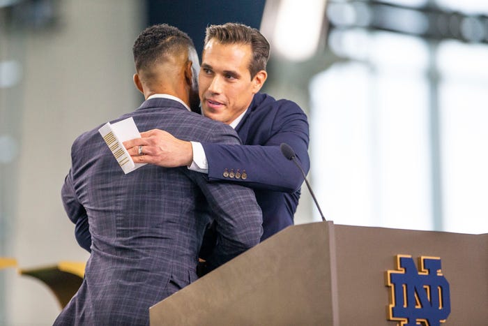 CathVSConf's tweet photo. Marcus Freeman did declare yesterday in his interview w/@jdpickell that he will be at Notre Dame "For a long time." 

"This is such a special place, the people, the support, the love for this football program. Again this is something I have a lot of gratitude for, this is a place I'm going to be for a long time." 

This should kill all the NFL rumors about Marcus Freeman leaving next year or maybe ever 😏