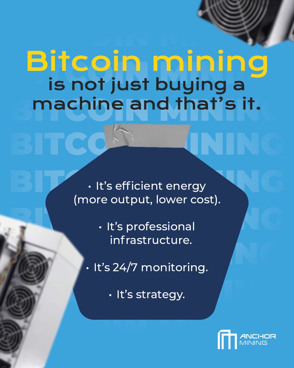 anchormining's tweet photo. Many believe Bitcoin mining is just buying a machine and turning it on.
The reality is different.

At Anchor Mining, we operate our farms in Ecuador, Uravia, powered by renewable energy and monitored 24/7. https://t.co/iFQeLC0MQS