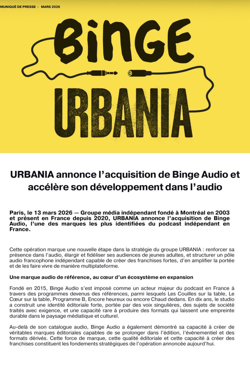 maxloisel's tweet photo. Le groupe Urbania annonce le rachat du studio de podcasts Binge Audio, validé par le tribunal. 

Voilà qui offre une belle opportunité de développement à Urbania, déjà très fort sur la vidéo courte https://t.co/gvs0vPEVMS