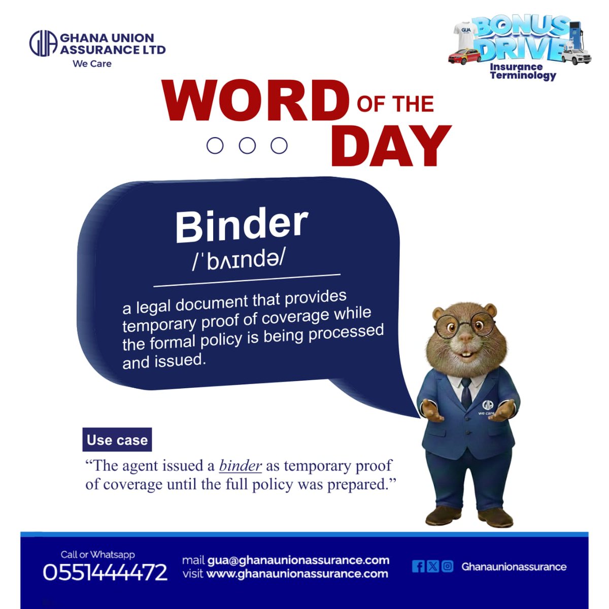 guageneral's tweet image. Terminology Of The Day : Binder /'baɪndə/ – Your instant shield! A legal document that gives you temporary proof of coverage while we finalize your full policy.

#wordoftheday
#insurancetips
#wecare