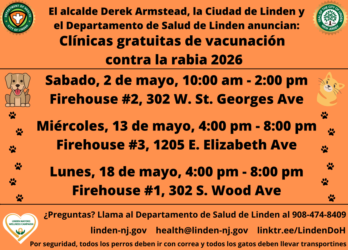 Linden_DoH's tweet photo. FREE Rabies Clinic, Linden NJ

Firehouse #2- 302 W St. Georges Ave
Saturday, May 2
10:00am-2:00pm

Firehouse #3- 1205 E. Elizabeth Ave 
Wednesday, May 13
4:00pm-8:00pm

Firehouse #1- 302 S. Wood Ave
Monday, May 18
4:00pm-8:00pm

Open to all New Jersey residents! https://t.co/3fjZHRprqp