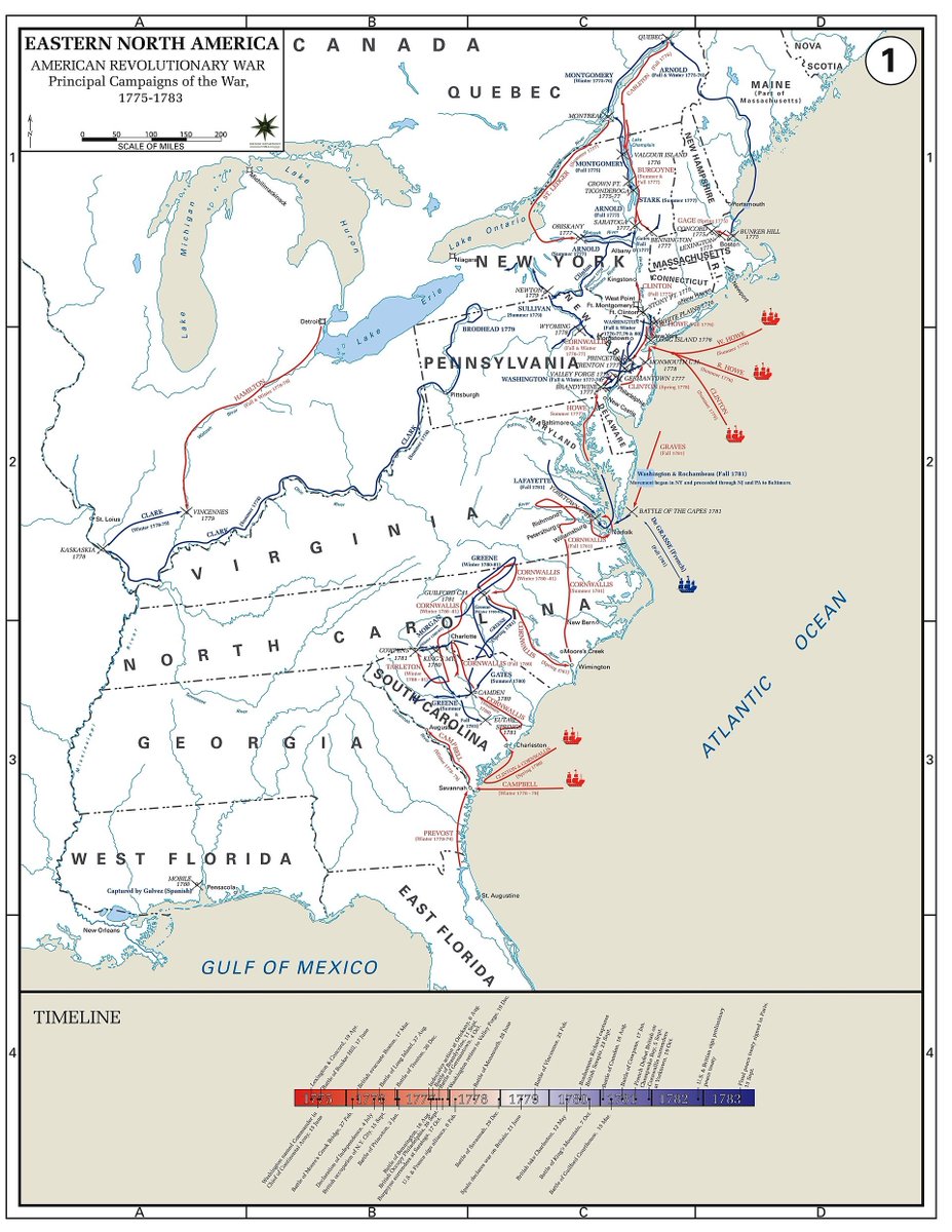 EchoesofWarYT's tweet photo. A map of principal campaigns in the American Revolutionary War with British movements in red and American movements in blue; the timeline shows the British won most battles in the war's first half, but Americans won the most in the second. https://t.co/zHiHm2bQ9u