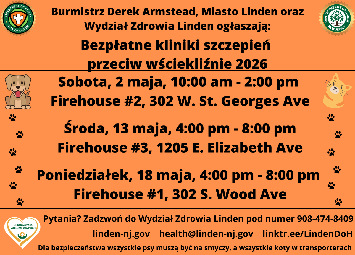 Linden_DoH's tweet photo. FREE Rabies Clinic, Linden NJ

Firehouse #2- 302 W St. Georges Ave
Saturday, May 2
10:00am-2:00pm

Firehouse #3- 1205 E. Elizabeth Ave 
Wednesday, May 13
4:00pm-8:00pm

Firehouse #1- 302 S. Wood Ave
Monday, May 18
4:00pm-8:00pm

Open to all New Jersey residents! https://t.co/3fjZHRprqp
