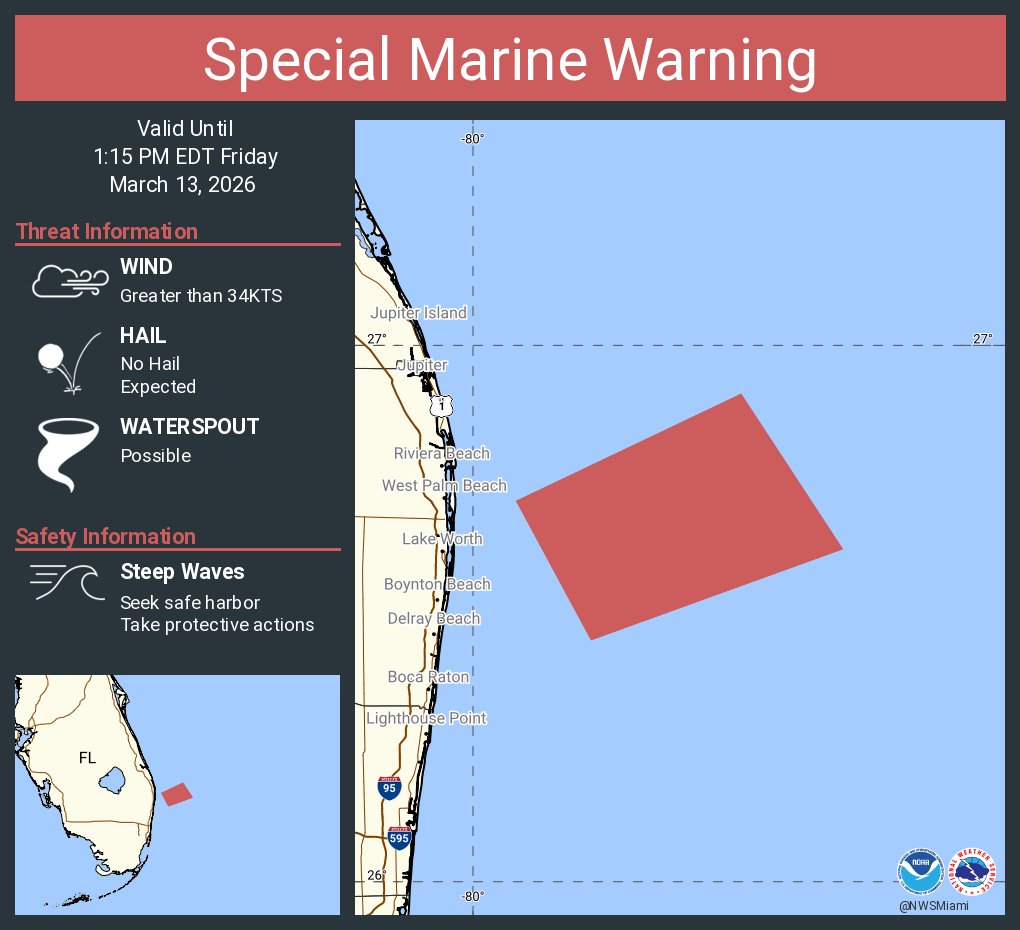 NWSMiami's tweet image. Special Marine Warning including the Waters from Jupiter Inlet to Deerfield Beach FL from 20 to 60 NM and Coastal waters from Jupiter Inlet to Deerfield Beach FL out 20 NM until 1:15 PM EDT