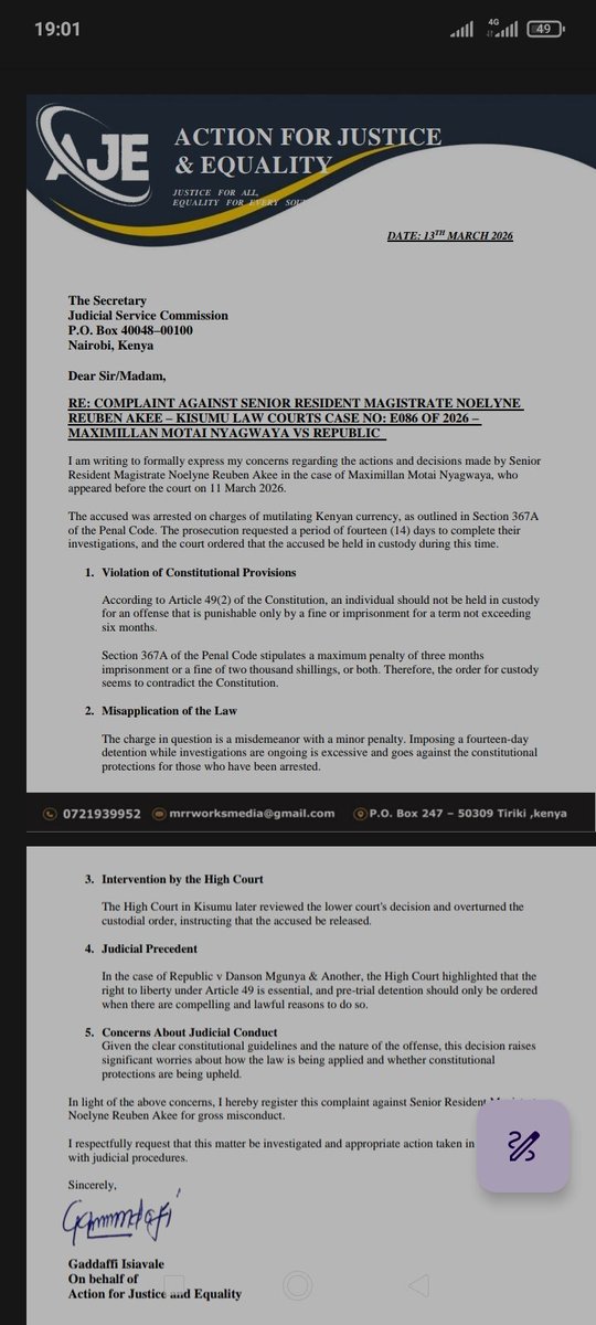 gaddafisavale's tweet photo. Today, I took the step of officially filing a complaint with the Judicial Service Commission against Noelyne Reuben Akee due to some serious allegations of misconduct.
@NelsonHavi @JamesKWaNjeri @thesarahmwangi @Kenyajudiciary @MalibaArnold @citizentvkenya https://t.co/84OSjin7fZ