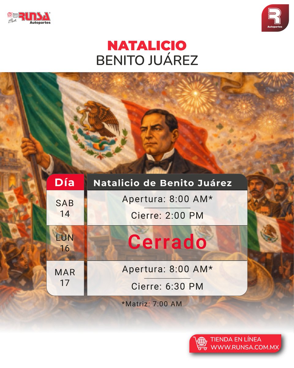 RunsaAutopartes's tweet image. Estimados clientes y amigos, queremos informarles que nuestras sucursales estarán cerradas el lunes 16 de marzo.

¡Agradecemos su comprensión y los esperamos de vuelta el martes 17 de marzo en nuestro horario habitual!
#Runsa #MantenimientoAutomotriz #ServicioAutomotriz