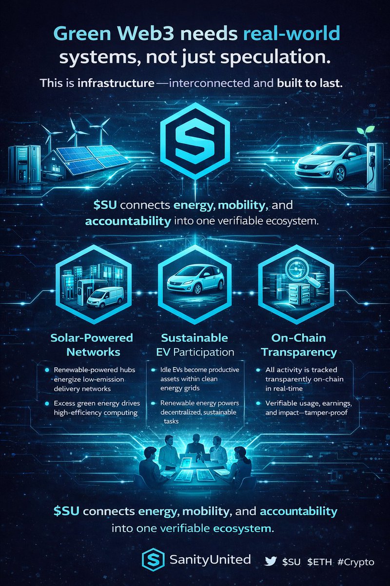 Web3lover06's tweet photo. Green Web3 isn’t theory — it’s infrastructure. 🌱

Renewable energy powering real services.
EVs becoming productive assets.
Every action verified on-chain.

$SU ties energy, mobility, and transparency into one accountable system.
@sanity_united #SanityUnited #GreenWeb3 #CleanTech https://t.co/W3r9zffGqa
