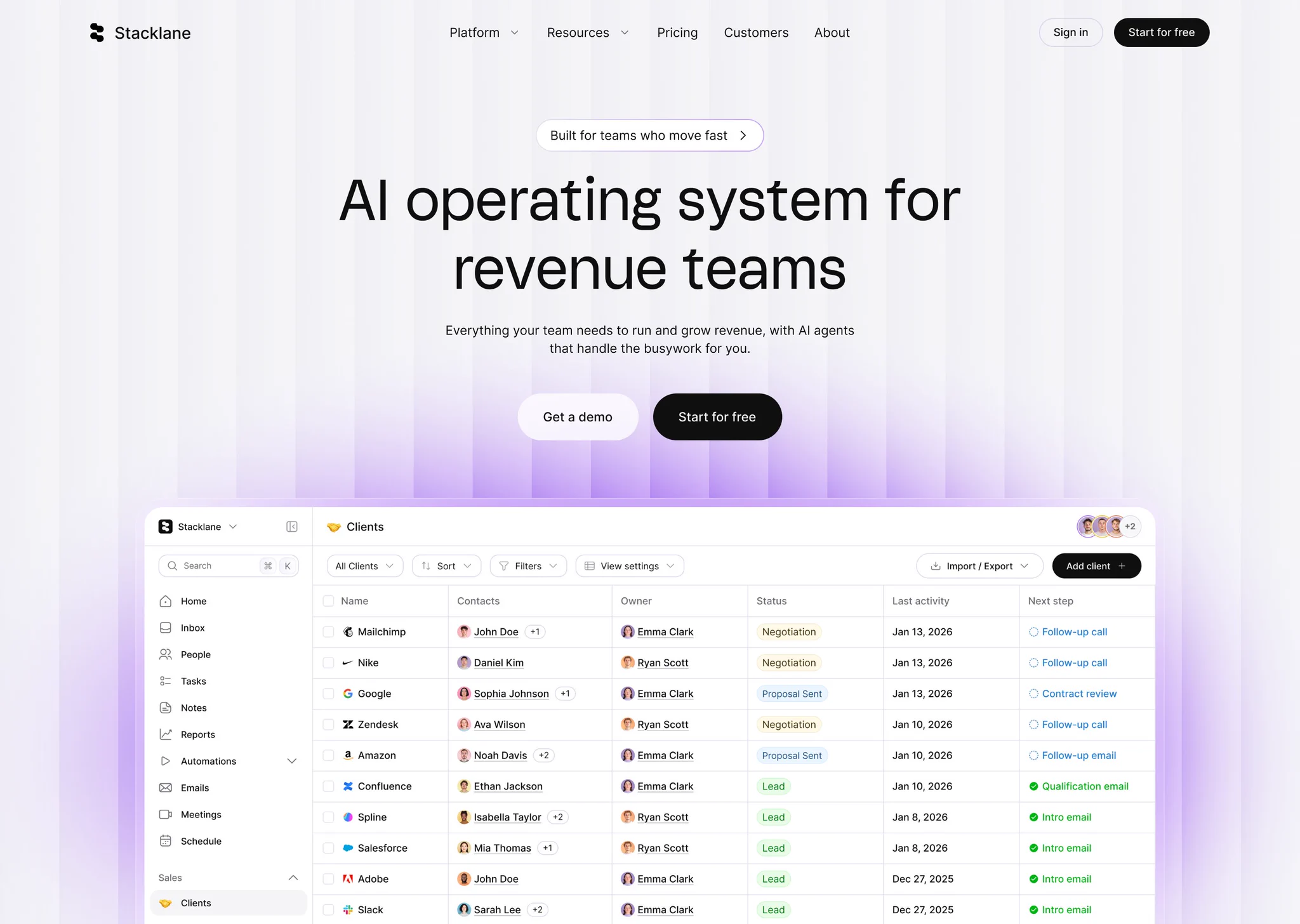 AI CRM 랜딩 히어로 — 제품 테이블 미리보기 결합