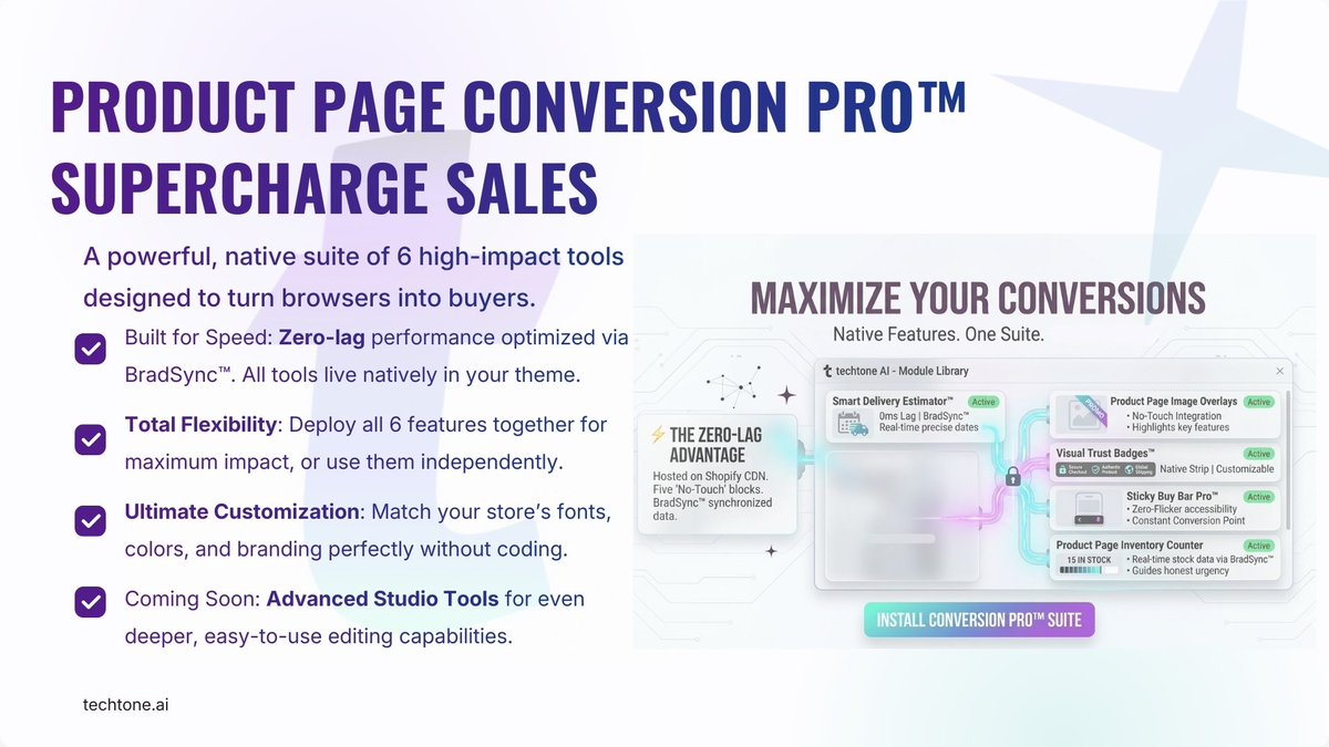 techtone_ai's tweet photo. The "App Tax" era is officially over. 🛑 Our latest Shopify listing is LIVE: Native Conversion Pro™.
We’ve forged 6 high-performance tools into one native suite to replace your slow, external scripts with native Liquid code:
Sticky Buy Bar for mobile CRO
Delivery Dates for logistical clarity
Trust Badges to build shopper confidence
Stock Counters for honest urgency
Visual Overlays for high-impact labels
No flicker. No bloat. Just zero-lag performance via BradSync™. Stop renting your features and start owning your code.
Check the new listing: https://t.co/ZdVyJFZzDS