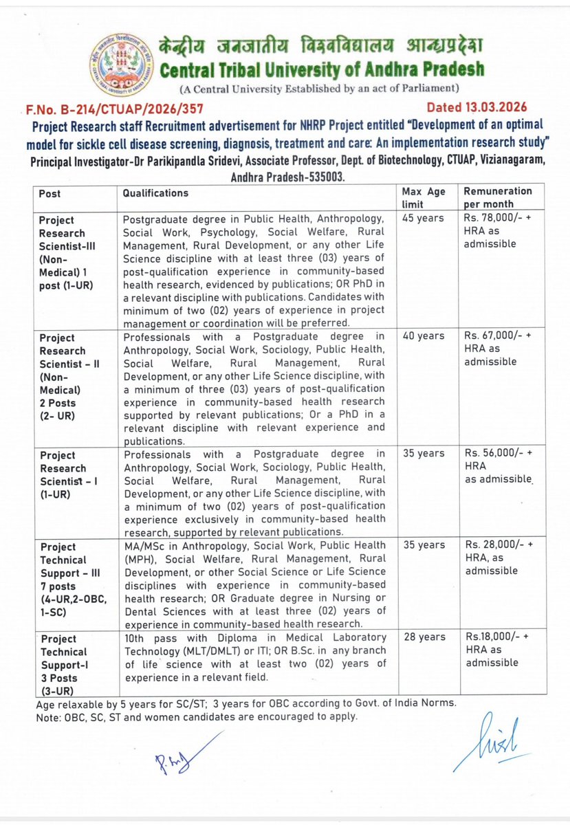 devi_shri45's tweet photo. 📢 Applications invited for @ICMR-NHRP Project Positions at @ctu_ap (PI: Dr. Parikipandla Sridevi).
Project on Sickle Cell Disease implementation in ASR District, AP.
🗓 Last date: 27 Mar 2026

Details:
https://t.co/rU9ZzS6QiR

#CTUAP #ICMR #ResearchJobs #PublicHealth #SCD https://t.co/itwAG48107