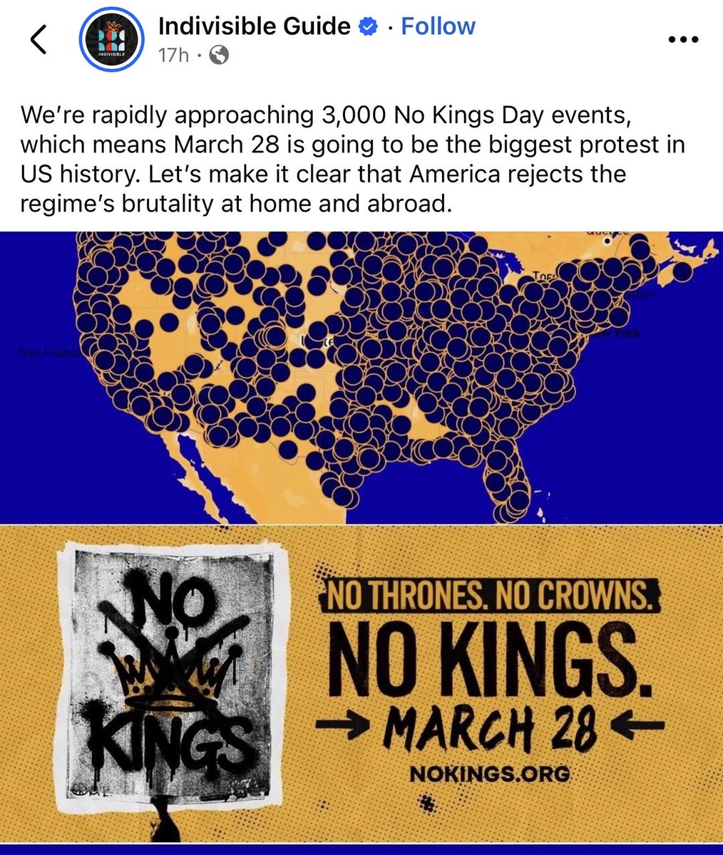Here we go again

An NGO called ‘Indivisible’ is organizing nationwide protests on March 28th for another No Kings Day

The Indivisible NGO is funded by George Soros

You have foreign billionaires openly funding protests in America and they’re NEVER held accountable. Lock them up