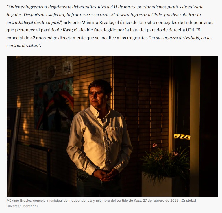 Hace un tiempo fui entrevistado por el diario francés Libération sobre la situación migratoria en Chile.
La migración debe abordarse con humanidad, pero también con respeto por la ley. Quienes ingresaron por pasos no habilitados debían haber salido del país, conforme a la ley.