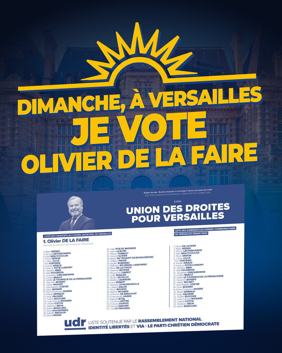 ud_versailles's tweet photo. Dimanche 15 mars, chaque voix comptera. À Versailles, l’heure est à l’union et à l’action.

Mobilisons-nous pour faire gagner la liste d’Union des droites pour Versailles conduite par Olivier de la Faire. Pour notre ville, pour son identité, pour son avenir. 💙💛 https://t.co/xUbEcIalDI
