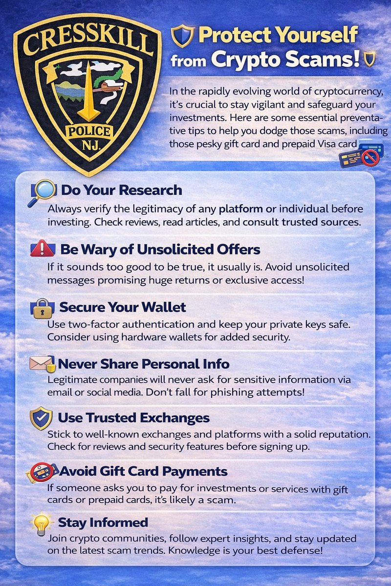 **Protect Yourself from Crypto Scams! **  
1️⃣ **Do Your Research**
2️⃣ **Be Wary of Unsolicited Offers**
3️⃣ **Secure Your Wallet**
4️⃣ **Never Share Personal Info**
5️⃣ **Use Trusted Exchanges**
6️⃣ **Avoid Gift Card Payments**
7️⃣ **Stay Informed**