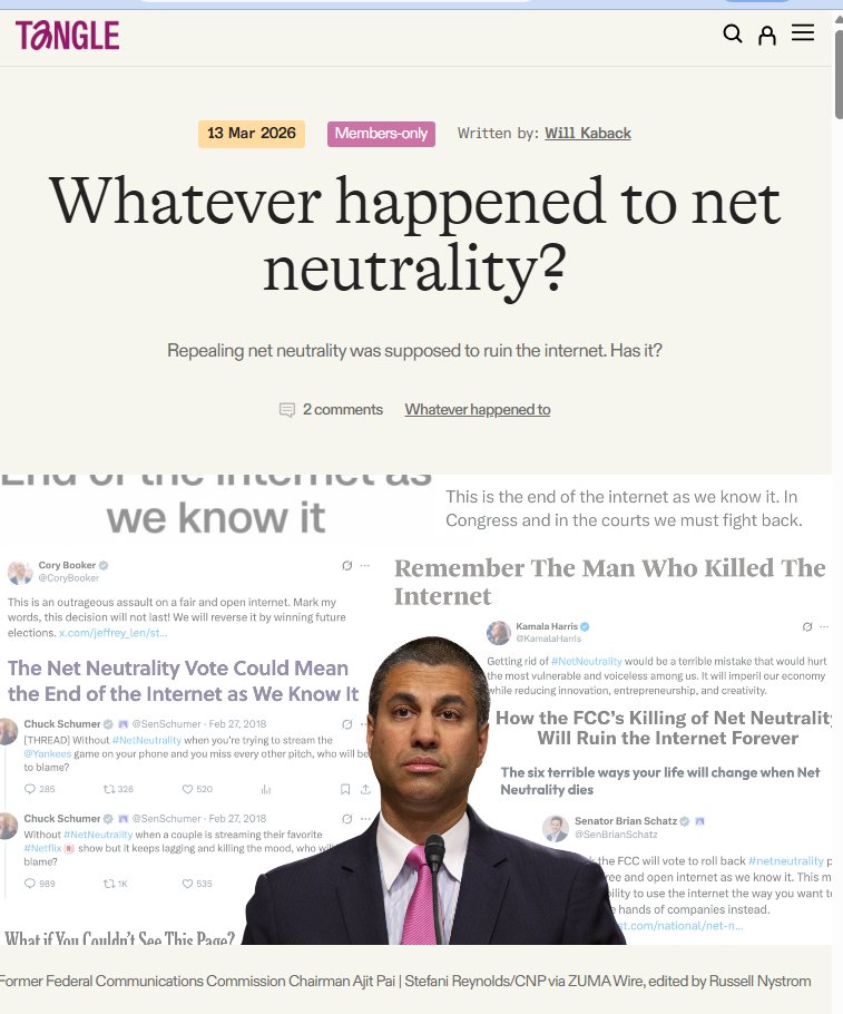 AdamThierer's tweet image. “Whatever happened to net neutrality?”
Will Kaback does a deep dive on the question for latest @TangleNews. It’s a wide-ranging and well-reported piece featuring a history of the battle &amp;amp; comments from many proponents &amp;amp; opponents of Net neutrality regulation, including me.