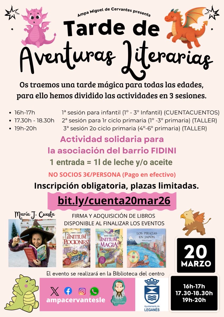 ✨ ¡Vuelve la magia al Miguel de Cervantes! ✨
El 20 de marzo, “Tarde de Aventuras Literarias" de la mano de Letrimagia 🐉
🕒 16h: Cuentacuentos (Infantil)
🕒 17:30h: Taller Dragones (1º-3º)
🕒 19h: Taller Animales Fantásticos (4º-6º)
➕ Info: bit.ly/4b7hJjZ