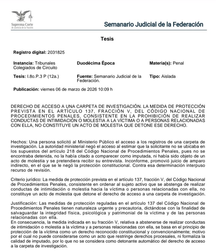 ⚖️ Medidas de protección y acceso a la carpeta de investigación

Una persona solicitó consultar los registros de una carpeta de investigación, pero el Ministerio Público negó el acceso al considerar que no se actualizaban los supuestos del artículo 218 del Código Nacional de