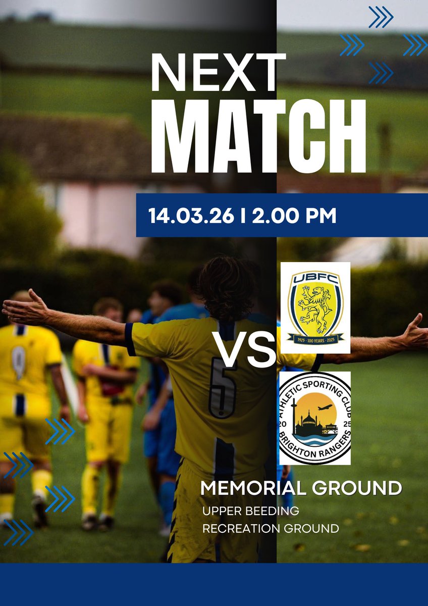 UpperBeedingFC's tweet photo. Tomorrows fixture⚽️💙💛
Upper Beeding Vs. ASC Brighton Rangers
2pm KO
Venue: UPPER BEEDING RECREATION GROUND, BN44 3WN https://t.co/ETj5CeA82Q