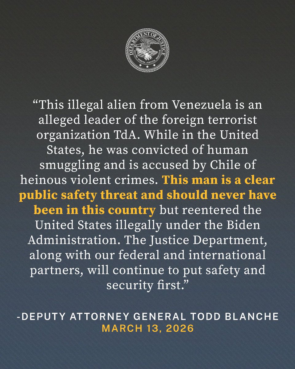 United States Arrests Alleged Tren de Aragua Leader Charged in Chile With Criminal Association, Extortion and Kidnapping Resulting in Homicide

“This illegal alien from Venezuela is an alleged leader of the foreign terrorist organization TdA,” said <a href="/DAGToddBlanche/">Todd Blanche</a>. “While in the