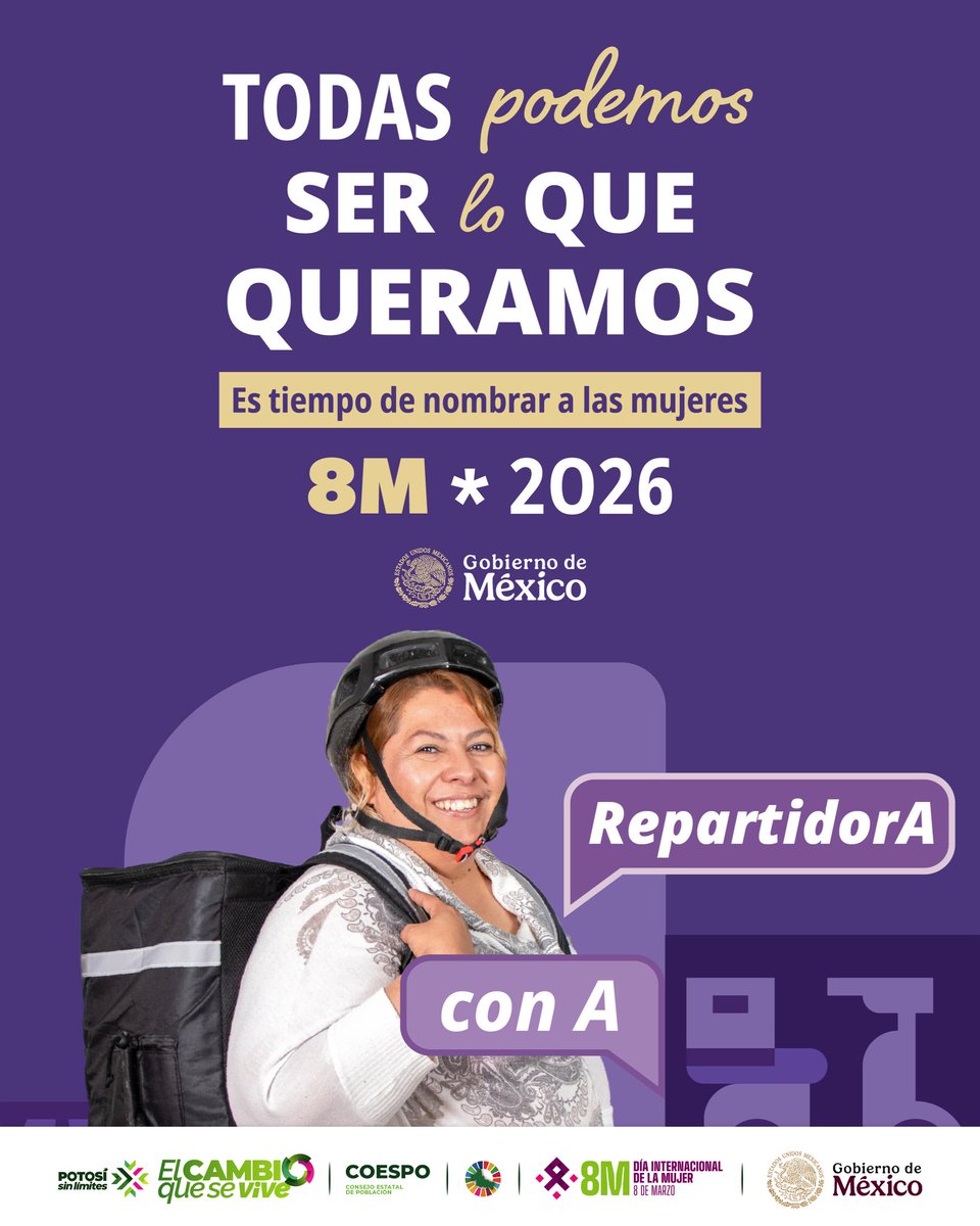 Las mujeres deben ser nombradas en femenino durante el ejercicio de su profesión.
En México, es tiempo de nombrar a las mujeres 💜

#PotosiSinLimites 
#RicardoGallardo 
#CoespoSinLimites 
#ElCambioQueSeVive 
#8M2026 
<a href="/RGC_Mx/">Ricardo Gallardo Cardona 🇲🇽</a>