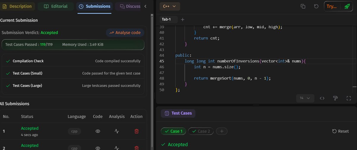 Samarth72923's tweet photo. Day 55 completed ✅
Solved the Count Inversions problem.
Practiced merge sort based approach to efficiently count inversions in O(n log n) time 💪🧠

#Day55 #DSA #MergeSort #DivideAndConquer #Algorithms #ProblemSolving #DailyCoding #Consistency https://t.co/fQXa2CxHmx