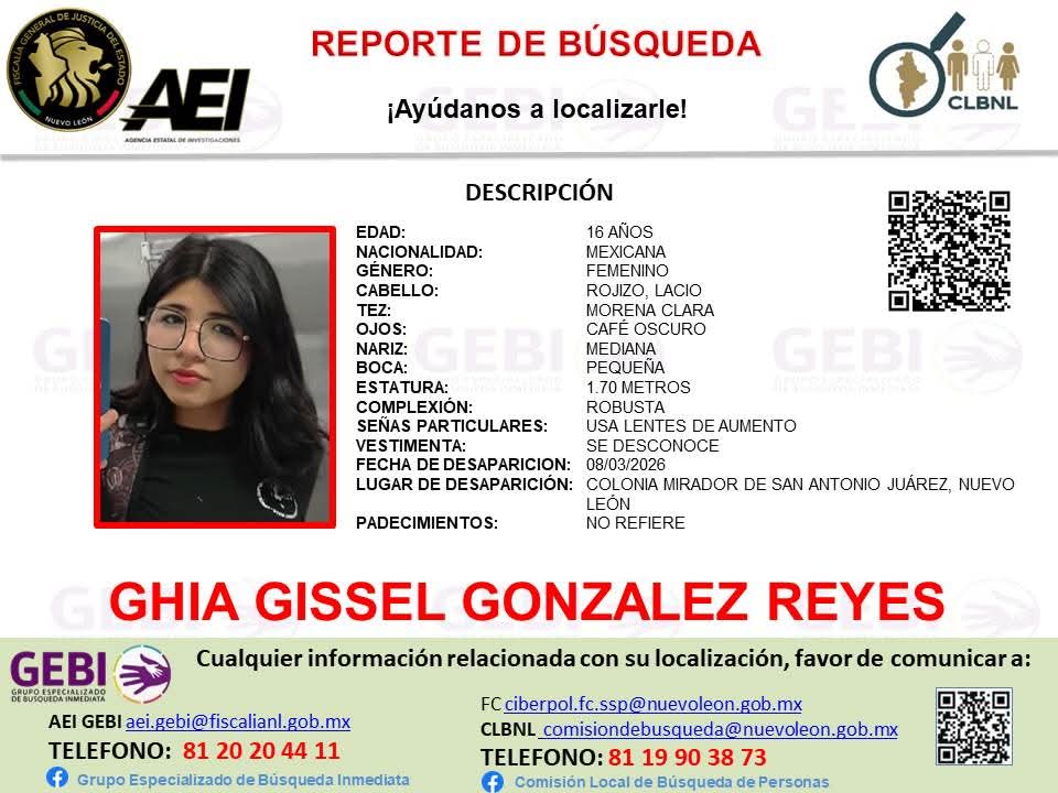 NuevoLeonAlerta's tweet photo. Solicitamos de su colaboración para LOCALIZACIÓN de GHIA GISSEL GONZALEZ REYES de 16 años

Cualquier información comunicarse al teléfono 81 20 20 44 11

@LoQuePasaEnNL @nelvaldez @revistacodigo21 @VecinoRegi0 @Apodaca_Peuple @MtyFollow @Soloenmty_ @arandatamayo_ @joluisgarcia https://t.co/n4DUpj2371