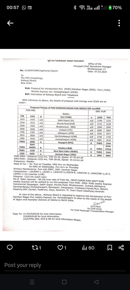 <a href="/SnehashishPaul7/">Snehashish. A railfan</a> <a href="/OdishaRail/">OdishaRailUsers - Multimodal Connectivity Forum</a> Requesting to push for this long pending train from Puri to Ayodhya on the below said route.<a href="/MohanMOdisha/">Mohan Charan Majhi</a>