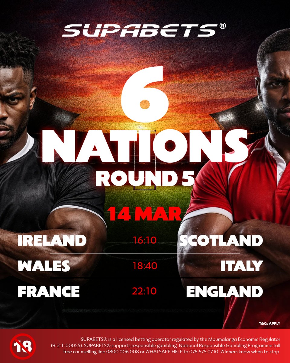 Supabets_mzansi's tweet image. 🏉Round 5️⃣ LET THE FINAL BATTLES BEGIN🏆

WILL WE SEE A NEW CHAMPION OR WILL FRANCE RETAIN THEIR TITLE❓
YES 🟢   NO ⚫️

1️⃣ DAY
3️⃣ GAMES
6️⃣ NATIONS

🤜 bit.ly/4rscnWj ✅

#6nations #6nations2026 #Supabets

18+ | Bet Responsibly
