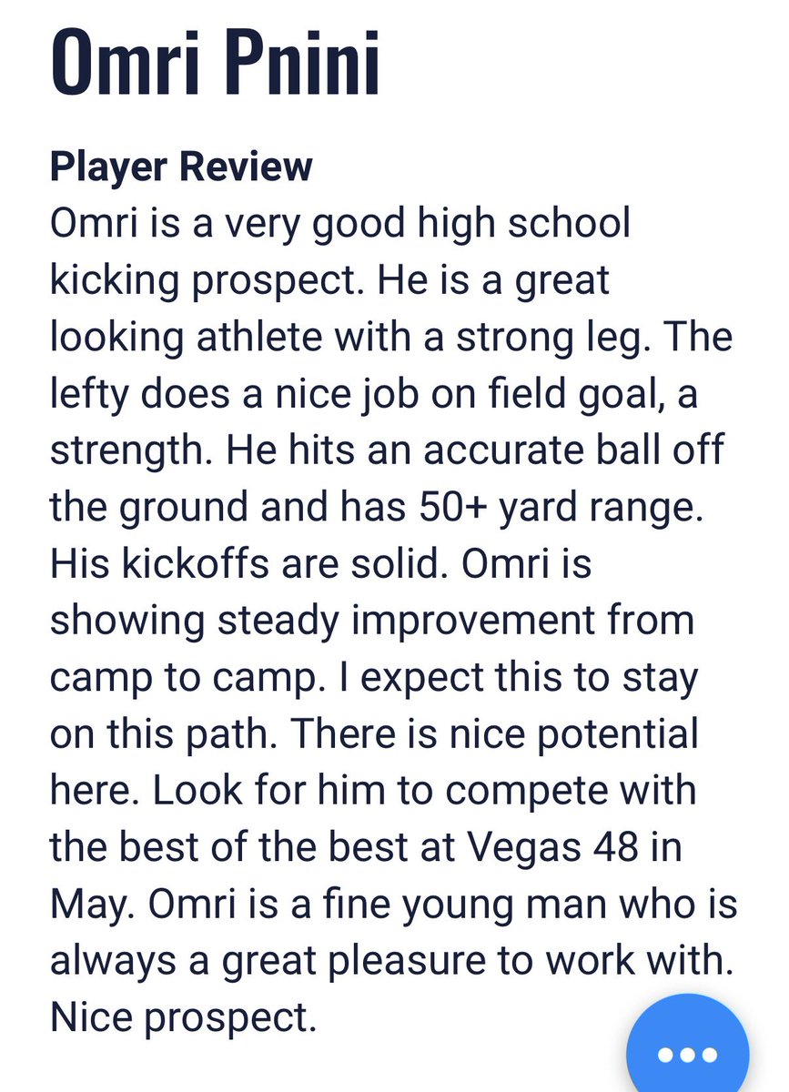 OmriPnini2027's tweet photo. Thank you to @Chris_Sailer for a great camp last weekend. Blessed and thankful to be re-ranked as a 4.5 ⭐️ Kicker! 

Clip: 35 yd L FG

@CoachThomasLee @JamesLangford86 @CSKRECRUITING @GP_Recruiting @ThePuntFactory @kt_recruiting @westcoastpreps_ @GetSportsFocus https://t.co/V6kRBPzKkm