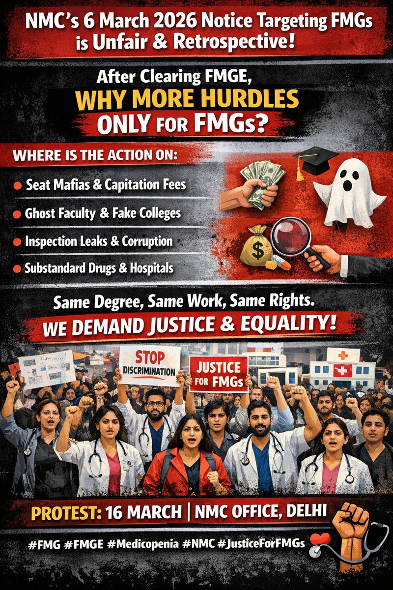 medicopenia_155's tweet photo. NMC’s 6 Mar 2026 notice unfairly targets FMGs.
After clearing FMGE, why more hurdles only for FMGs?
Same degree, same work, same rights.
Protest: 16 Mar | NMC Office, Delhi
#FMG #FMGE #JusticeForFMGs #Medicopenia ✊🩺 https://t.co/OjVfFFanGT