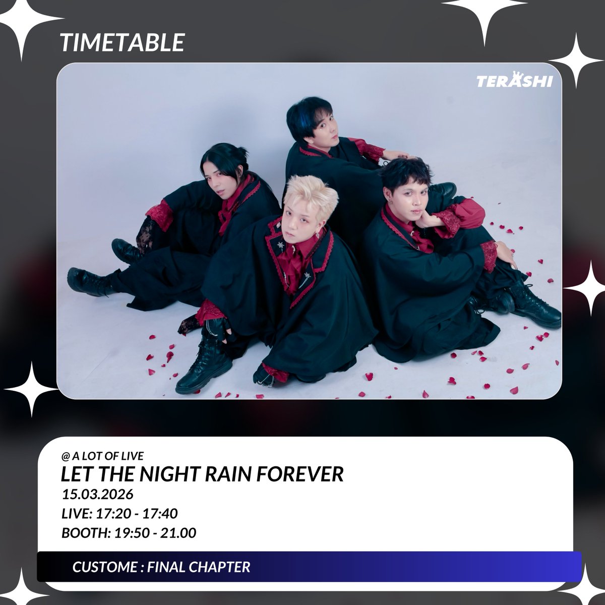 OfficialTerashi's tweet photo. ⚔ Let the Night Rain Forever — BozzBozz, Sam Graduation — ⚔
※ 15.03.2026 @ Lot Of Live, Phenix Pratunam, 3rd floor
LIVE  : 17:20 - 17:40
BOOTH B : 19:50 - 21:00
#Japanidol #thaiidol #renentertainment #terashi https://t.co/ME2YUrniRn