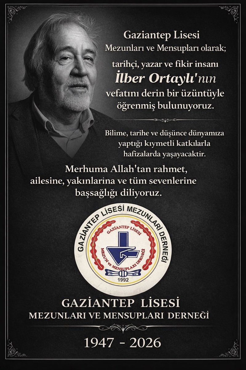 Ülkemizin yetiştirdiği kıymetli tarihçi, akademisyen ve yazar İlber Ortaylı’nın vefat haberini derin bir üzüntüyle öğrenmiş bulunmaktayız. Bilime, tarihe ve düşünce dünyamıza yaptığı kıymetli katkılarla hafizalarda yaşayacaktir.
Merhuma Allahtan rahmet diliyoruz.