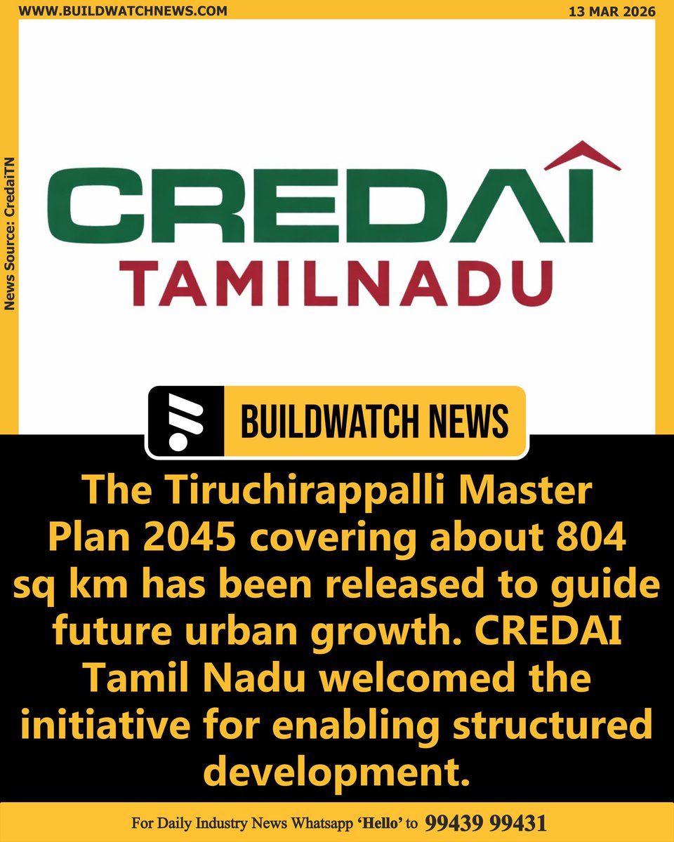 BuildWatchNEWS's tweet image. Trichy Master Plan 2045 Unveiled, CREDAI TN Welcomes Move

🔗Read more: buildwatchnews.com/trichy-master-…

#TamilNadu #RealEstateGrowth #InfrastructurePlanning