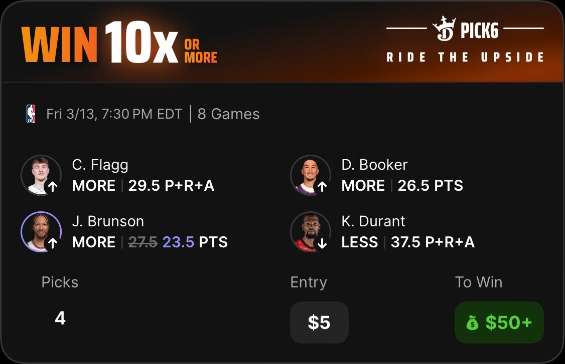 Darecipepicks's tweet image. #NBA #Sliced 👨🏾‍🍳🏀🏀🏀🏀🎰🤌🏽🍳
Check out my DraftKings Pick6 Entry! pick6.draftkings.com/?sport=NBA&amp;amp;pic…