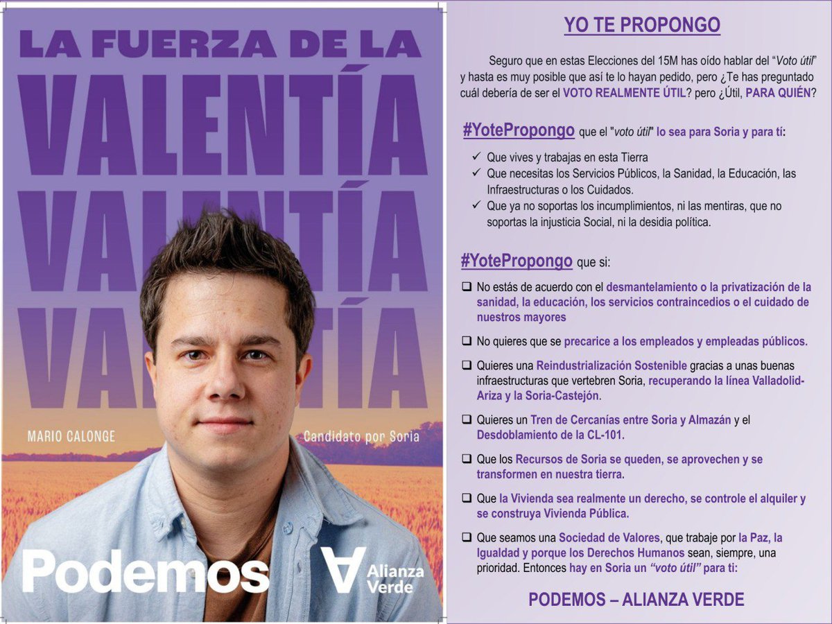 podemosSoria's tweet photo. Nuestro Candidato por #Soria @mario_olvega hace un Manifiesto sobre la demagogia del mal llamado "voto útil" que al tiempo es Nuestro Compromiso con nuestra tierra y los Valores de @PODEMOS y @AlianzaVerde
#YoTePropongo
#VotaValentía https://t.co/Hf6hXPjHku