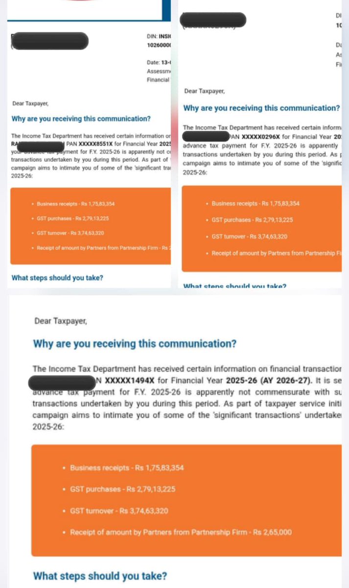 CAHimankSingla's tweet photo. @IncomeTaxIndia's bulk emails/messages seem to be back again.

The current issue is that exactly the same figures appear to have been sent to multiple taxpayers, which clearly cannot be correct. 🤯

It only leads to confusion and unnecessary panic among recipients.

Reminders for Advance Tax compliance are certainly welcome and helpful.

However, flagging routine transactions such as normal purchases and sales as “significant transactions” is certainly not appropriate.

A simple, friendly reminder would serve the purpose far better than communication that reads like a formal notice.