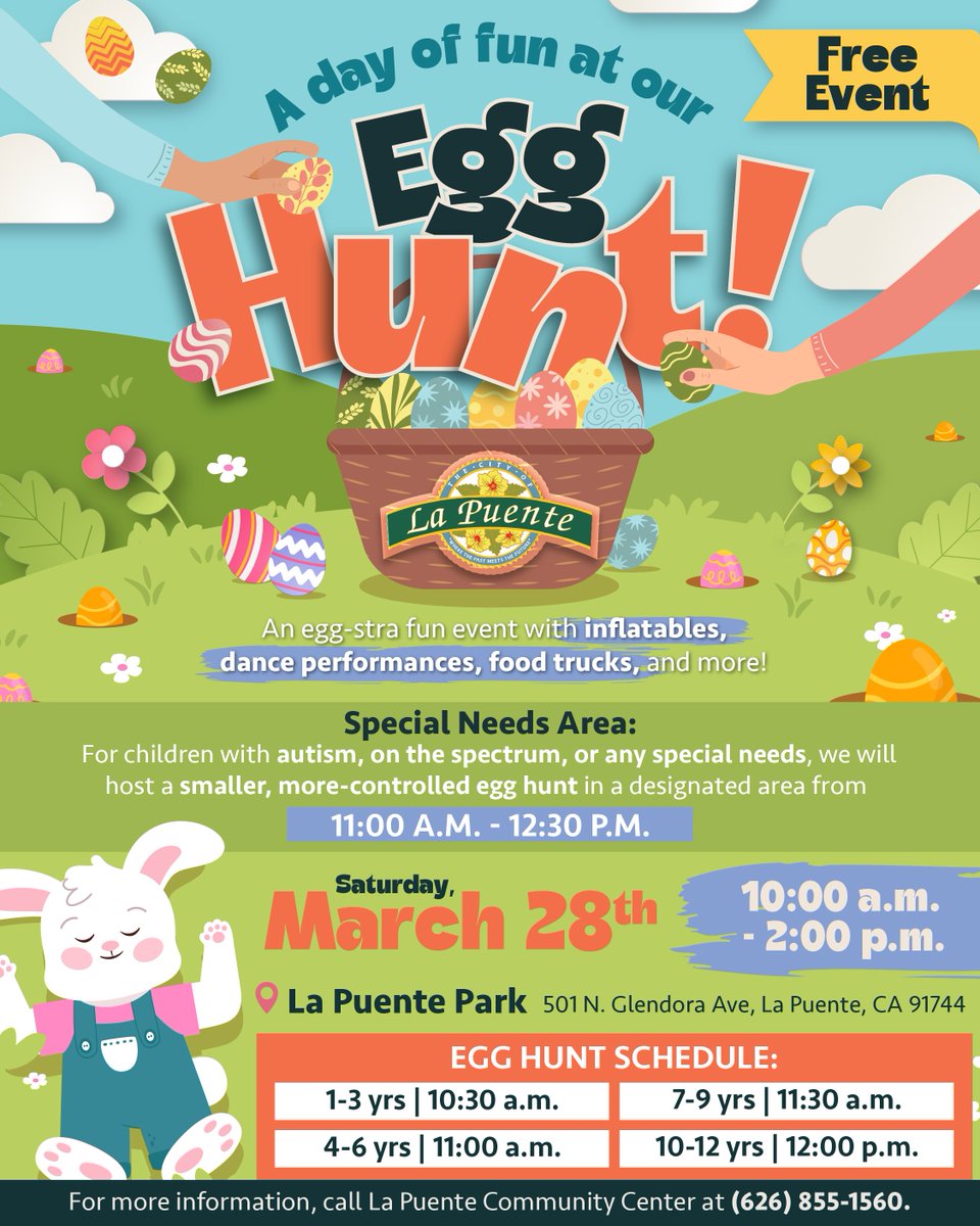 CityofLaPuente's tweet image. Our Egg Hunt is bringing a day full of fun with inflatables, live dance performances, delicious food trucks, and activities for the whole family.

📆 March 28th | 🕙 10:00 a.m. – 2:00 p.m.
📍 La Puente Park  | 👪Free event 

#LaPuente #SpringFun #activities #family #community